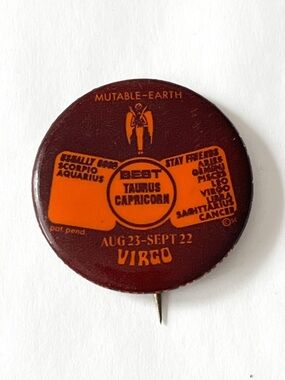 Vintage Virgo Zodiac Pinback Button Mutable Earth USA Astrology Sign 70s 60s